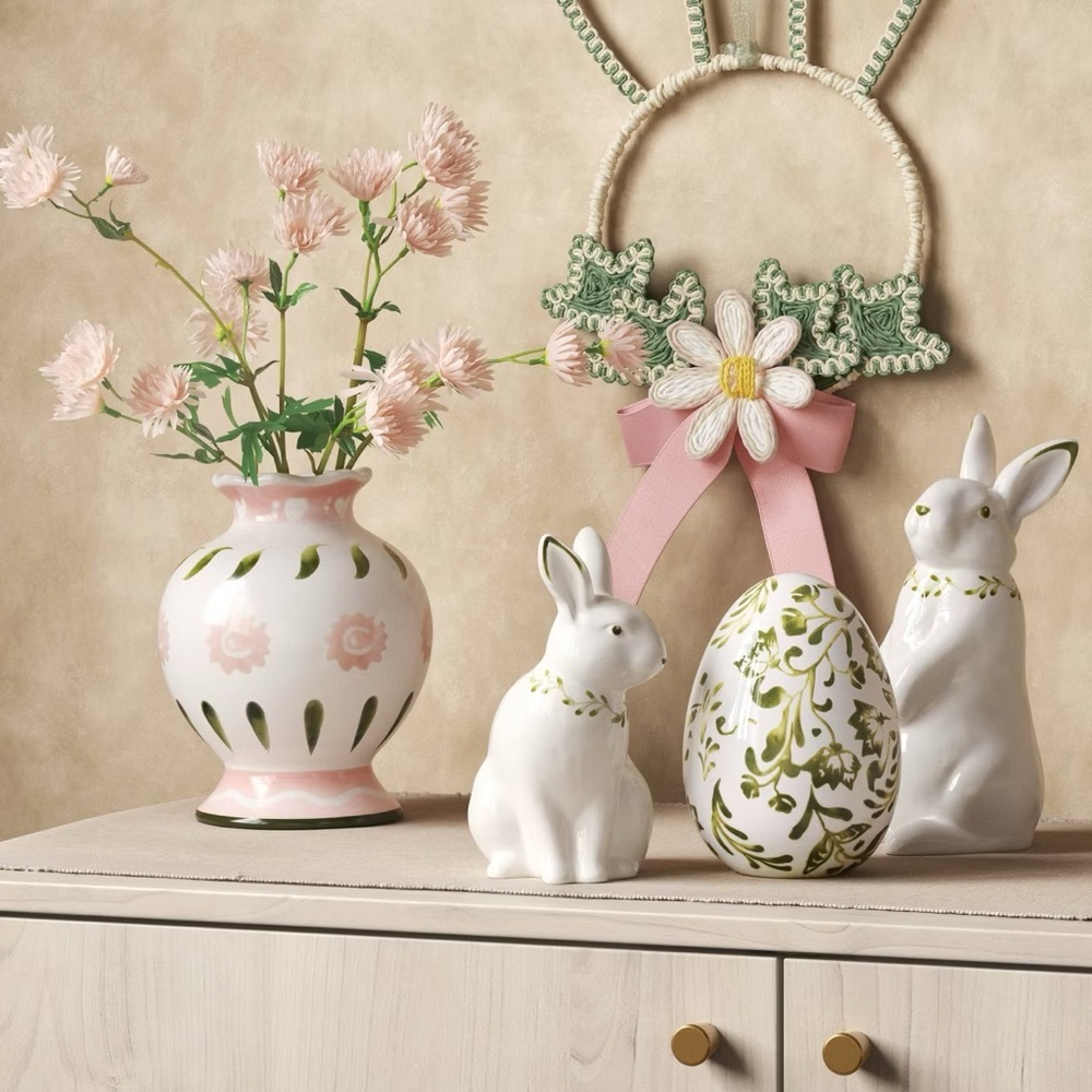 3pc Easter Painted Ceramic Sitting & Standing Bunny and Easter Egg- Threshold